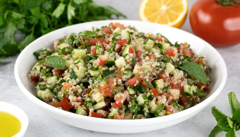 Levantine,Vegetarian,Salad,With,Quinoa,,Tomatoes,,Cucumbers,,Parsley,,Lemon,And