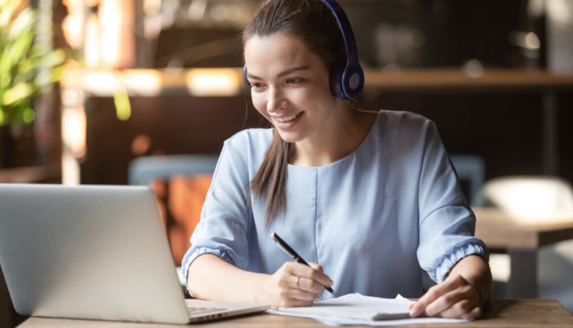 Smiling,Girl,Student,Wear,Wireless,Headphone,Study,Online,With,Skype